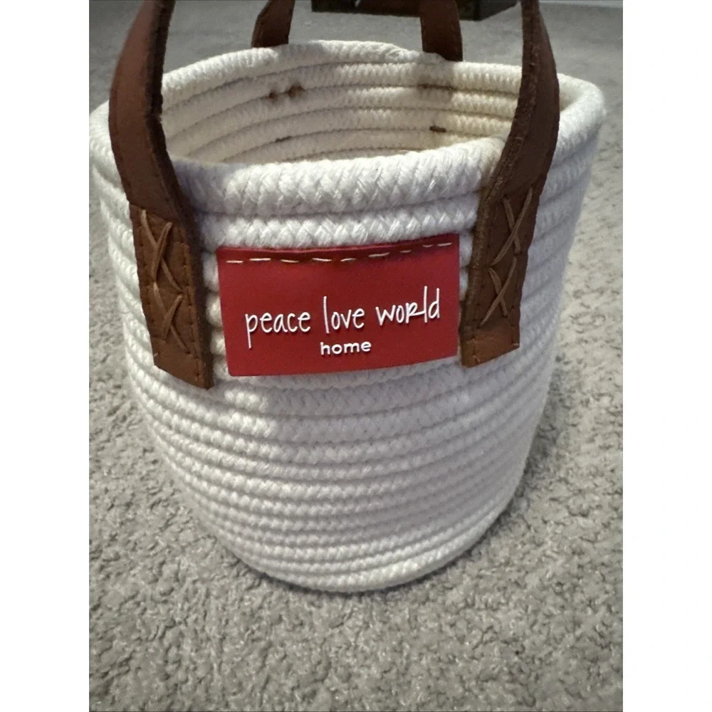 Peace Love World Woven Cream Small Basket Leather Handles Heart